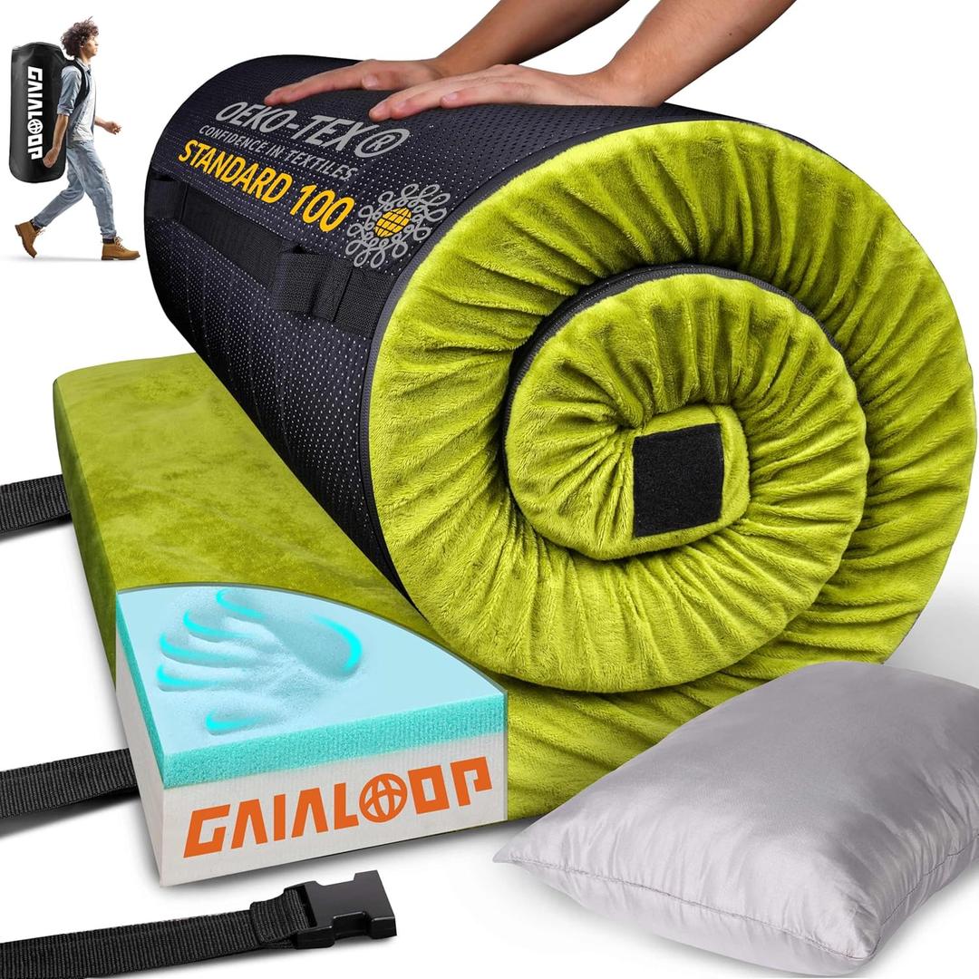 3 Inch GAIALOOP Thick Memory Foam Camping Mattress Sleeping Pad [Car/Tent/Cot] Glamping Portable Floor Mat Roll Up Futon Mattress for Guests Sleepover (Avocado Green)