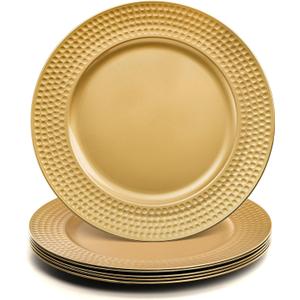Nicunom 12 Pack Gold Charger Plates, 13 Inch Round Charger Plates with Hammered Rim, Plastic Charger Plate for Wedding Dinner Party Event Decoration