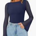 REORIA Women's Trendy Sexy Boat Neck Bell Sleeve Sheer Mesh Going Out Bodysuit Tops M
