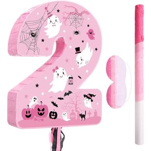Nezyo Halloween Number 2 Piata Pink White Pull String 2nd Birthday Piata with Bat Stick Blindfold for Birthday Anniversary Celebration Halloween Party Decorations Supplies