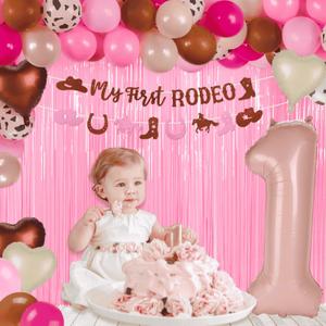 57Pcs My First Rodeo Decorations Girl Cowgirl First Rodeo Birthday Decorations for Girl with 40" Number 1 Balloon, Banner, Pastel Pink Backdrop for 1 Year Old Girls Milestone Baby Shower Party