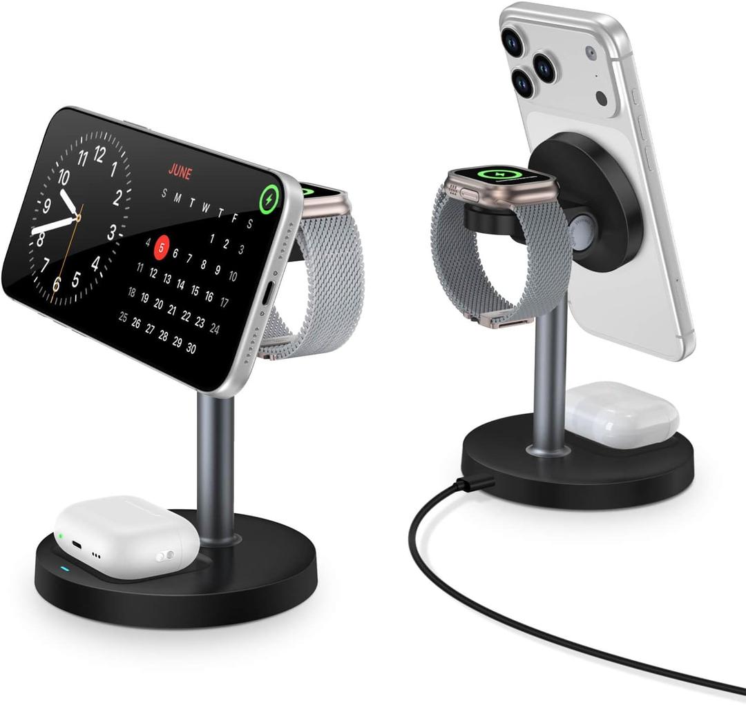 3 in 1 Wireless Charging Station for Apple Magsafe Charger Stand,15W Fast Magnetic Charging Station for iPhone 17 Air 16 15 14 13 12 11 Series, Watch Ultra & AirPods Apple Devices, Cell Phone Dock (Black)