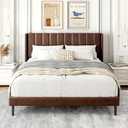 Gruwans Queen Size Bed Frame with Upholstered Wingback Headboard, Easy Assemnly Platform Bed, Wooden Slat Support No Box Spring Needed, Dark Brown Leather
