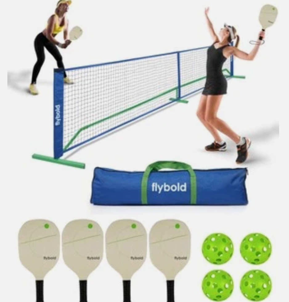 flybold Pickleball Net |Portable Set with/without 4 Paddles| Net Regulation Size Equipment Lightweight Sturdy Interlocking Metal Posts with Carrying Bag for Indoor Outdoor Game| Full Court Size - 22ft