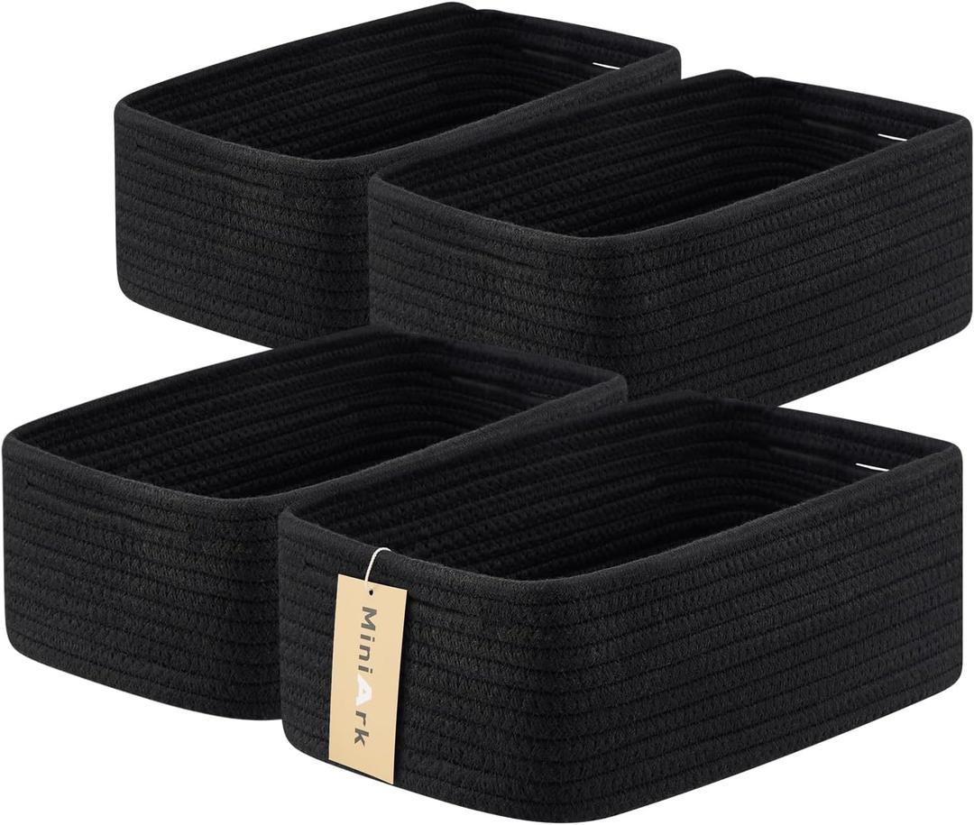 MiniArk Small Storage Baskets for Organizing | Closet Organizer Bins | Shelf Toy Basket | Woven Rope Baskets | Cube Decorative Box | Shallow Basket | 13x8.5x5.1 | 4 Packs Black