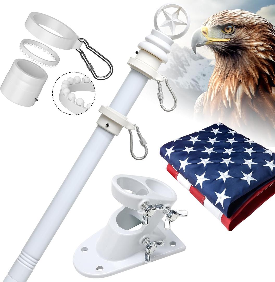 American Flag with Pole Kit - 5ft Heavy Duty Stainless Steel Flagpole for Outside House,3x5 Embroidered US Flags,Tangle-Free Outdoor, Metal Holder Mount Bracket for Residential Porch,Wall - White
