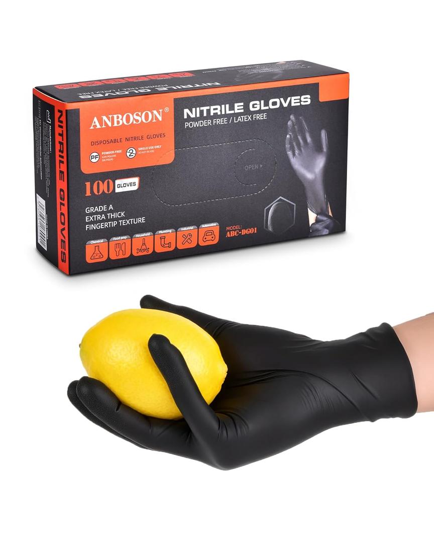 ANBOSON Nitrile Gloves ISO 13485 - Food Gloves - Textured Finger 2X Grip Powder Free and Latex Free 6 Mil Rubber Gloves for Chef, Fisher, Butcher - Kitchen, Hotel and Bakery - Medium, Black of 100 Pcs
