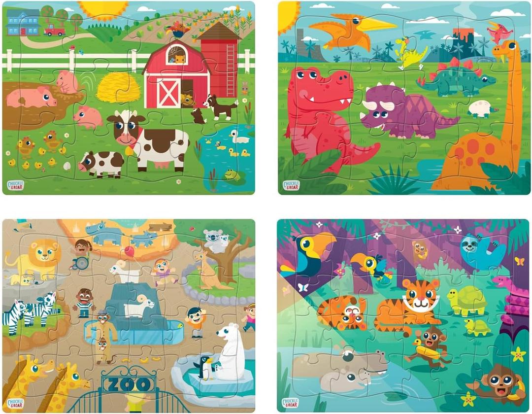 Chuckle & Roar - Multi Pack Jigsaw Puzzles for Kids Farm Dinosaur Jungle Zoo Tray Set 12 and 24 Piece Colorful Gift