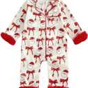 Baby Girl Easter Pajamas Newborn Bunny Carrot Cross Feather Trim Nightgown Jumpsuit Romper Cute Silk Pjs Sleepwear (6-12 Months, Santa Claus Bow Print White)