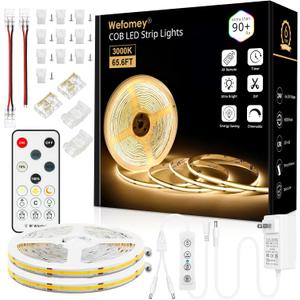 65.6ft COB LED Strip Light with Remote, 3000K Dimmable Bright Warm White Led Lights Strip, Flexible DC24V Led Tape Light for Bedroom, Kitchen, DIY Lighting (2 Rolls of 32.8ft)