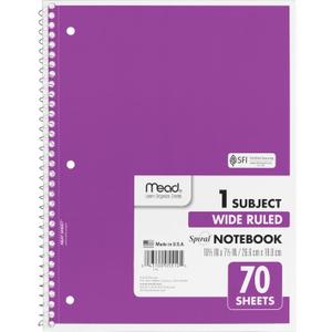 Mead Spiral Notebook, 1 Subject, Wide Ruled Paper, 7-1/2" x 10-1/2", 70 Sheets, Color Will Vary (05510)