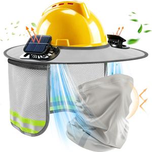 1 Set Hard Hat Sun Shade with Dual Solar Fan, Detachable Hard Hat Visor Full Brim with Neck Protection, High Visibility Mesh Hardhat Sun Shield Reflective Strip for Construction Workers (Light Grey)