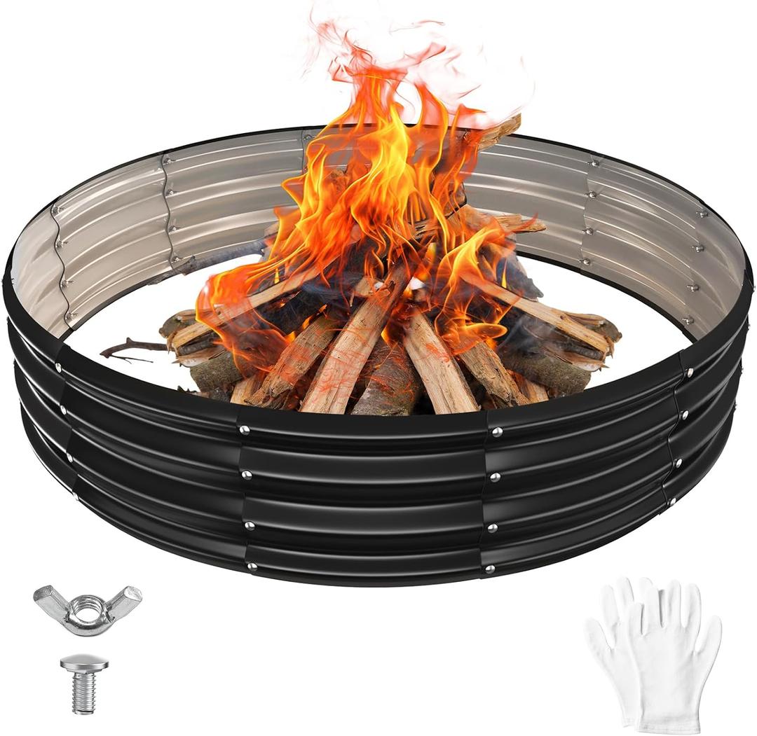 YSEJOMP 60 Inch Round Galvanized Fire Pit Ring/Fire Ring - Foldable and Perfect for Outdoor Gatherings and Campfires in The Yard/Garden/Park/Beach (Black+Gray, 5 FT Diameter+1 FT Tall)
