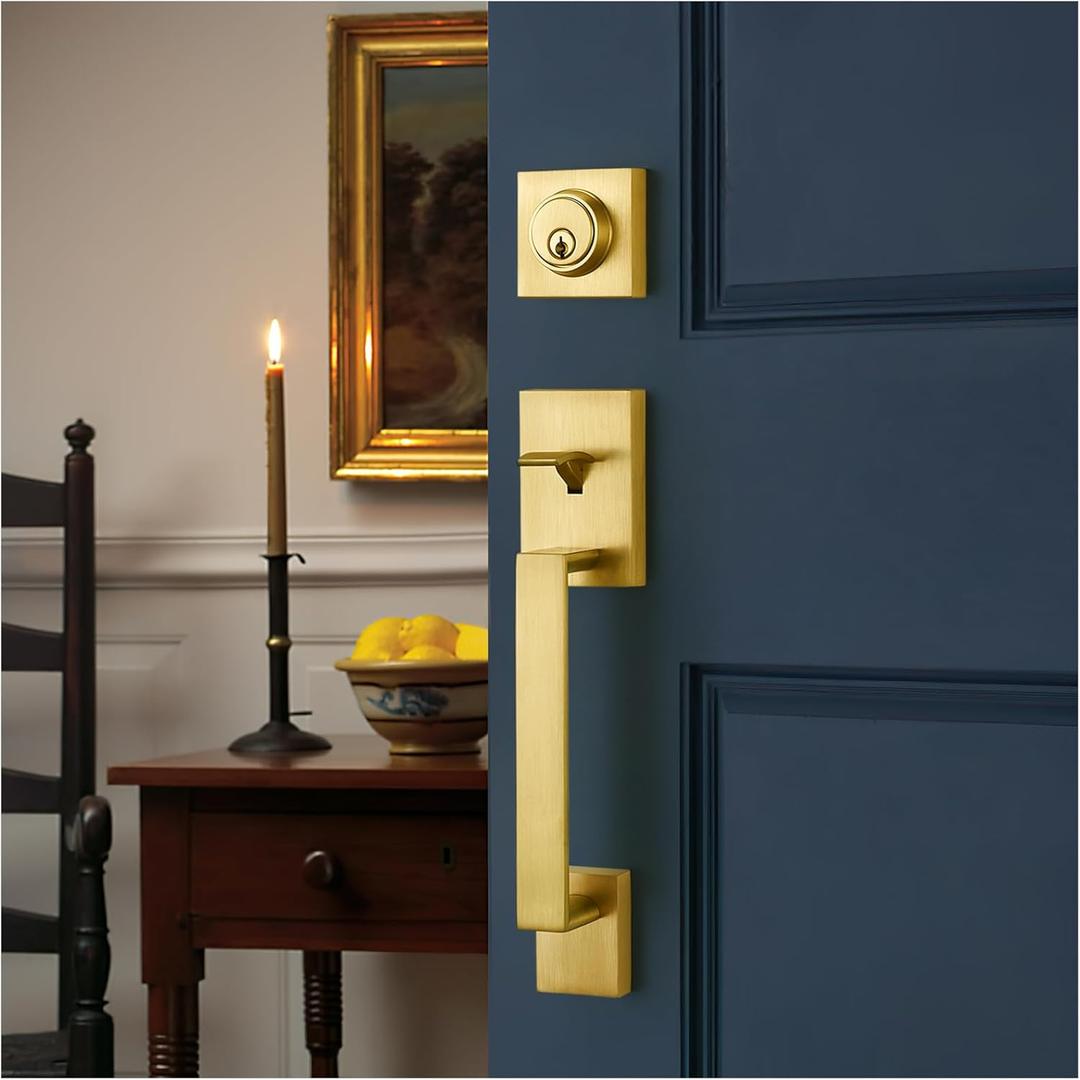 Modern Satin-Brass Front Door-Handle - Entry Door Lock with Single Cylinder Deadbolt,Exterior Door Lever Set 3 Keys,Reversible for Left and Right Hand Door (Stain Brass)