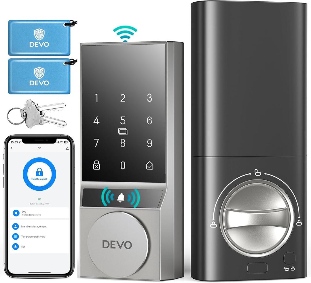 Devo G5 Smart Door Lock, 5 in 1 Keyless Entry Door Lock with Doorbell, Built-in Wi-Fi Smart Lock Deadbolt for Front Door, No Hubs, App Remote Control, IP54 Waterproof, BHMA Grade 3 (Silver)
