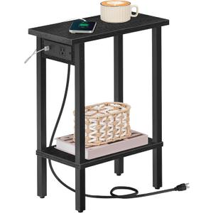 HOOBRO Small End Table with Charging Station, Narrow Side Table with USB Port and Outlets, Skinny Sofa Table, Slim Nightstand, Living Room, Bedroom, Black BK240UBZ01