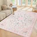 Area Rug - Vintage 5x7 Non-Slip Backing Area Rugs Light Pink Soft Faux Wool Carpet Foldable & Machine Washable Rugs for Living Room Bedroom Dining Room Nursery Home Office