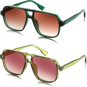 FEISEDY Retro Square Aviator Sunglasses Women Men 70s Vintage Trendy Plastic Frame Sun Glasses B4158 (Transparent Green & Green)