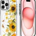 Case for iPhone 15 Pro Max, Compatible with MagSafe, Yellow Sunflowers for Shockproof Protective, Slim Hard PC+TPU Cute Bumper Magnetic Clear Case for iPhone 15 Pro Max - White
