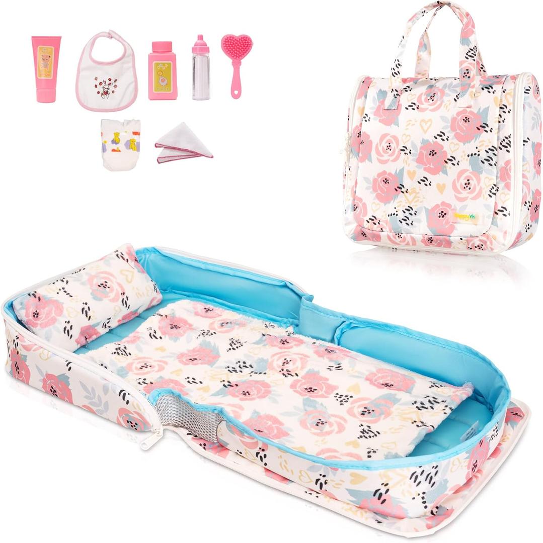 HappyVk Baby Doll Bed Set - Portable Doll Bassinet for Dolls up to 21 Inches - Handbag for Girl - Pink Roses