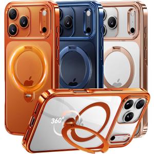 CASEKOO 360 Spin Magnetic Stand for iPhone 17 Pro Case [Fit for MagSafe][17FT Military Protection] Slim Polished Frame Titanium Alloy Sturdy Stand 6.3", Glossy Cosmic Orange