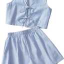 Verdusa Women's 2 Piece Striped Outfit Bow Tie Crop Tank Tops with Shorts Set (Medium, Blue and White)