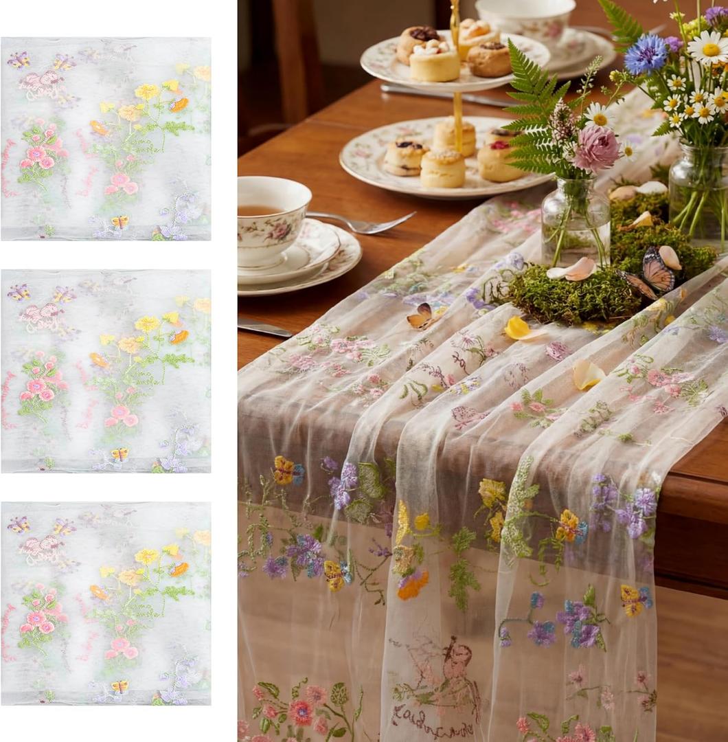 Ivory White Floral Table Runner 10ft Embroidery Tulle Spring Wildflower Table Runner Seasonal Summer Butterfly Kitchen Dining Gauze Decoration for Wedding Baby Shower Birthday Party (3 Pcs), 23.62 x 120.08 inches