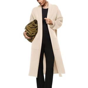 Womens Long Sleeve Maxi Cardigan Open Front Oversized Knitted Sweater Coat Casual Lapel Warm Overcoat with Pockets Apricot, Large