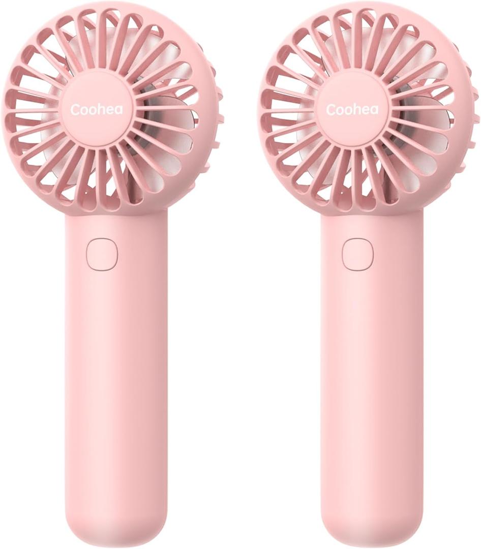2-Pack Pink Handheld Fan, Small Cute Design, 3 Powerful Speeds, Operated by USB/Rechargeable Battery, Portable Personal Fan with Base & Lanyard, for Eyelash Makeup Travel Beach Office Desk