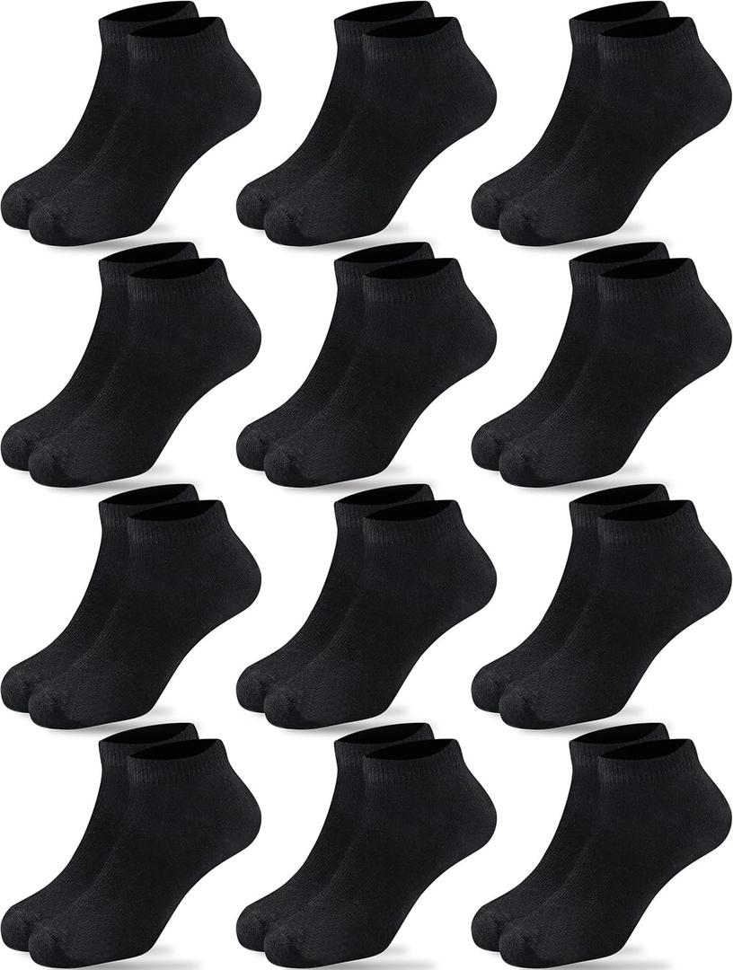 Duufin 12 Pairs Kids Socks Boys Girls Unisex Athletic Low Cut Half Cushion Ankle Socks for Kids (6-8 Years, Black)