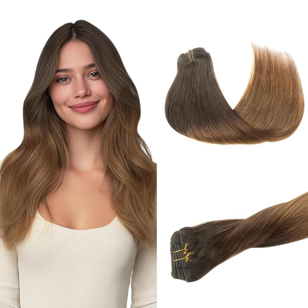 GOO GOO Clip in Hair Extensions Real Human Hair, Remy Human Hair Extensions Clip ins for Women, Natural Human Hair, 20inch 120g 7Pcs, 1D/2C/4E Chocolate Dip Color Melt