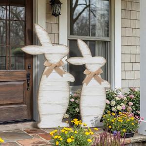 Yerliker 2 Pcs Outdoor Easter Decorations for Porch, Large Wooden Easter Bunny Porch Signs Rustic Farmhouse Decoration Spring Party Supplies for Front Door Yard Garden Decor, H: 31.6 in and 27.56 in