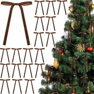 Glitinsel Brown 24 Pcs Velvet Bows Christmas Tree Ornaments Valentines Day Bows Decoration for Garland Home Coquette Wedding Decor (5 x 7 Inch,Width of 3/8")