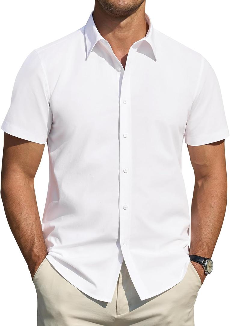 J.VER Men's Short Sleeve Dress Shirts Stretch Stain Shield Casual Button Down Shirts Solid Formal Shirt (X-Large Tall, White)