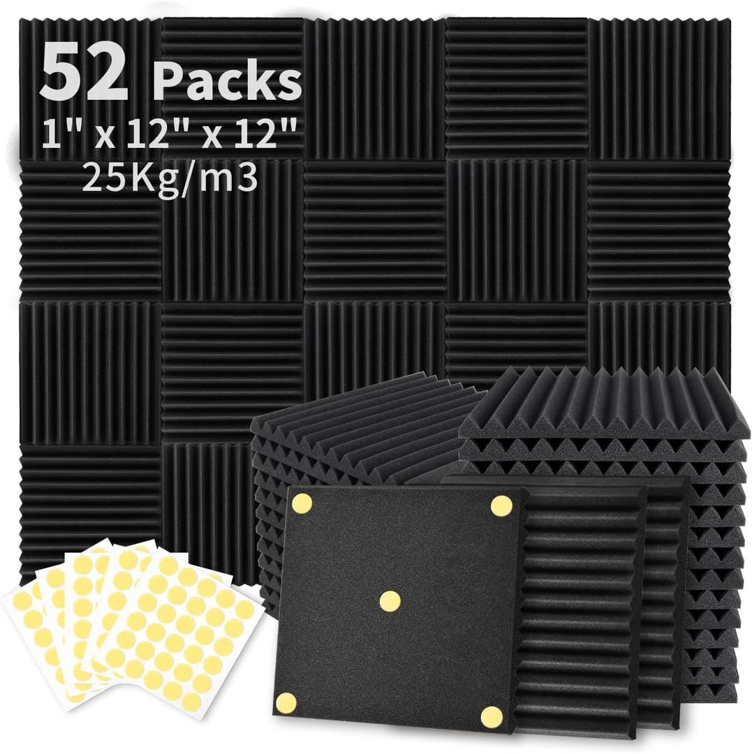 Focusound 52 Pack Acoustic Foam Panels 1" x 12" x 12" Sound Proof Foam Panles Soundproofing Noise Cancelling Wedge Panels for Home Office Recoding Studio with 300PCS Double-Side Adhesive