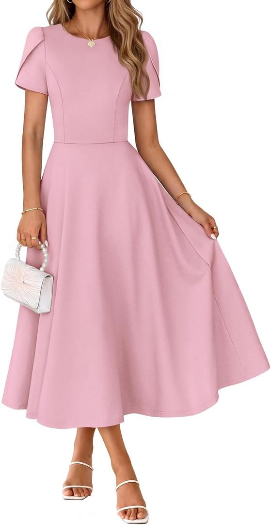MEROKEETY Women's 2026 Summer Midi Dresses Short Sleeve Crewneck A Line Pleated Wedding Guest Flowy Long Dress with Pockets (Pink, S)