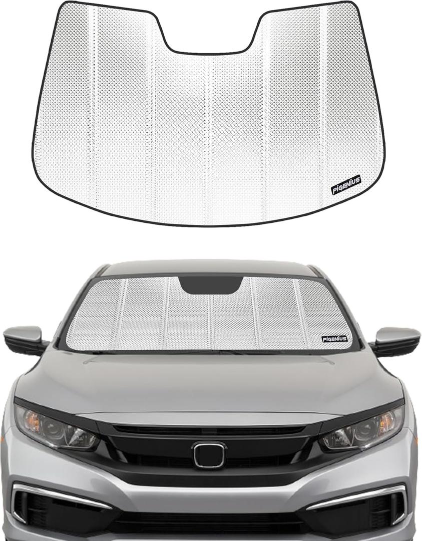 Windshield Sun Shade for Honda Civic 2019-2021, Touring 2016-2021, Type R 2020-2021 with Rearview Mirror Mounted Camera. Reflective Aluminum Film Front Window Sunshade - BLAZBLOCK (Classic Shiny Silver)