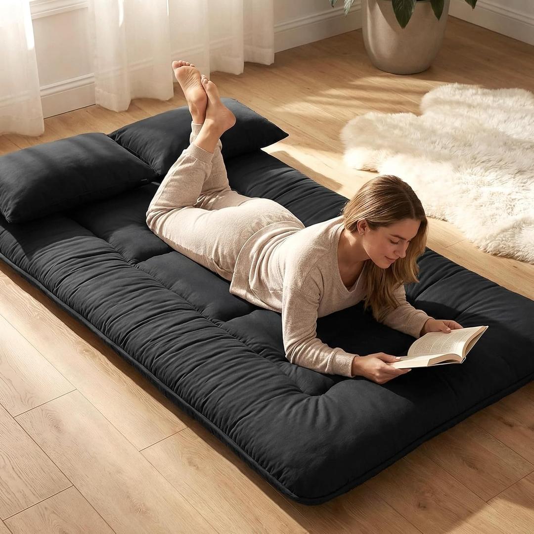 Japanese Floor Mattress Futon Mattress, 3.5 Inch Thick Foldable Roll Up Tatami Mat with 2 Pillow Covers, Twin Size Floor Bed for Guest Room Dorm Camping Kids, Black