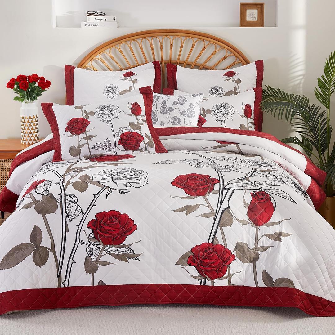 EVENHUG Quilt Queen Size Red Rose Bedding Set Floral Bedspread Lightweight Reversible Bed Cover with 2 Pillow Shams for All Seasons 3 Pieces (92"X96")