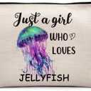 Just a Girl Who Loves Jellyfish Cosmetic Bag, Colourful Jellyfish Themed Makeup Bag Zipper Cosmetic Pouch Bag Travel Linen Makeup Organizer, Ocean Animal Gifts for Women Girls Teens Her