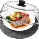 2 in 1, Tall Glass Microwave Splatter Cover for Food & Microwave Place Mat, Plate Splatter Guard Lid with Silicone Handle Knob, Cookware & Bakeware Serving Dish Cover, Food Grade, No Plastic, 10in