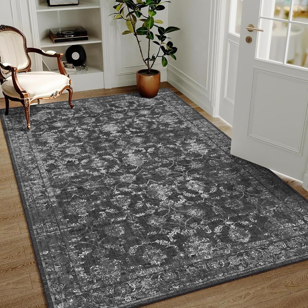 Washable Area Rug 4x6 Black Rugs for Living Room, Vintage Boho Large Rug for Bedroom Dining Room Office, Distressed Floral Print Carpet for Under Table, Soft Non Slip Low Pile Throw Carpet Indoor Mat