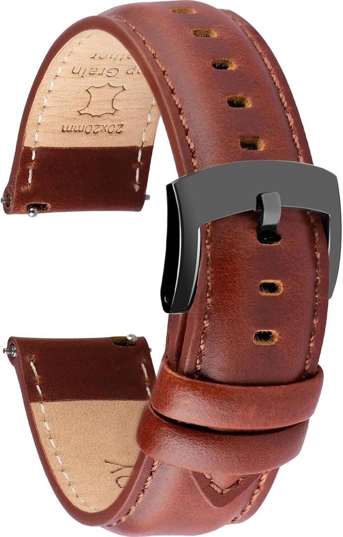 Leather Watch Bands Quick Release, Elegant Top Grain Leather Watch Straps for Men & Women, Choice of Color & Width - 18mm, 19mm, 20mm, 21mm or 22mm Wristbands Bracelet for Watch & Smartwatch (Cognac Brown (Black Buckle))