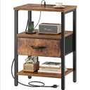 SUPERJARE Nightstand with Charging Station, Bed Side Table with Adjustable Fabric Drawer, Night Stand for Bedroom, 3-Tier Storage End Table, for Living Room, Rustic Brown