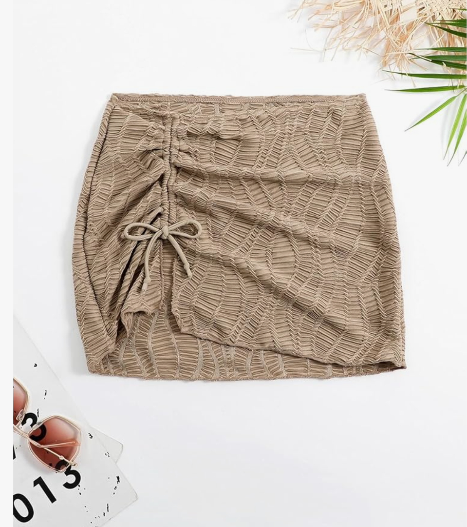 WDIRARA Women's Drawstring Split Thigh Cover Up Skirt Swimwear Beach Skirt, XL, Khaki
