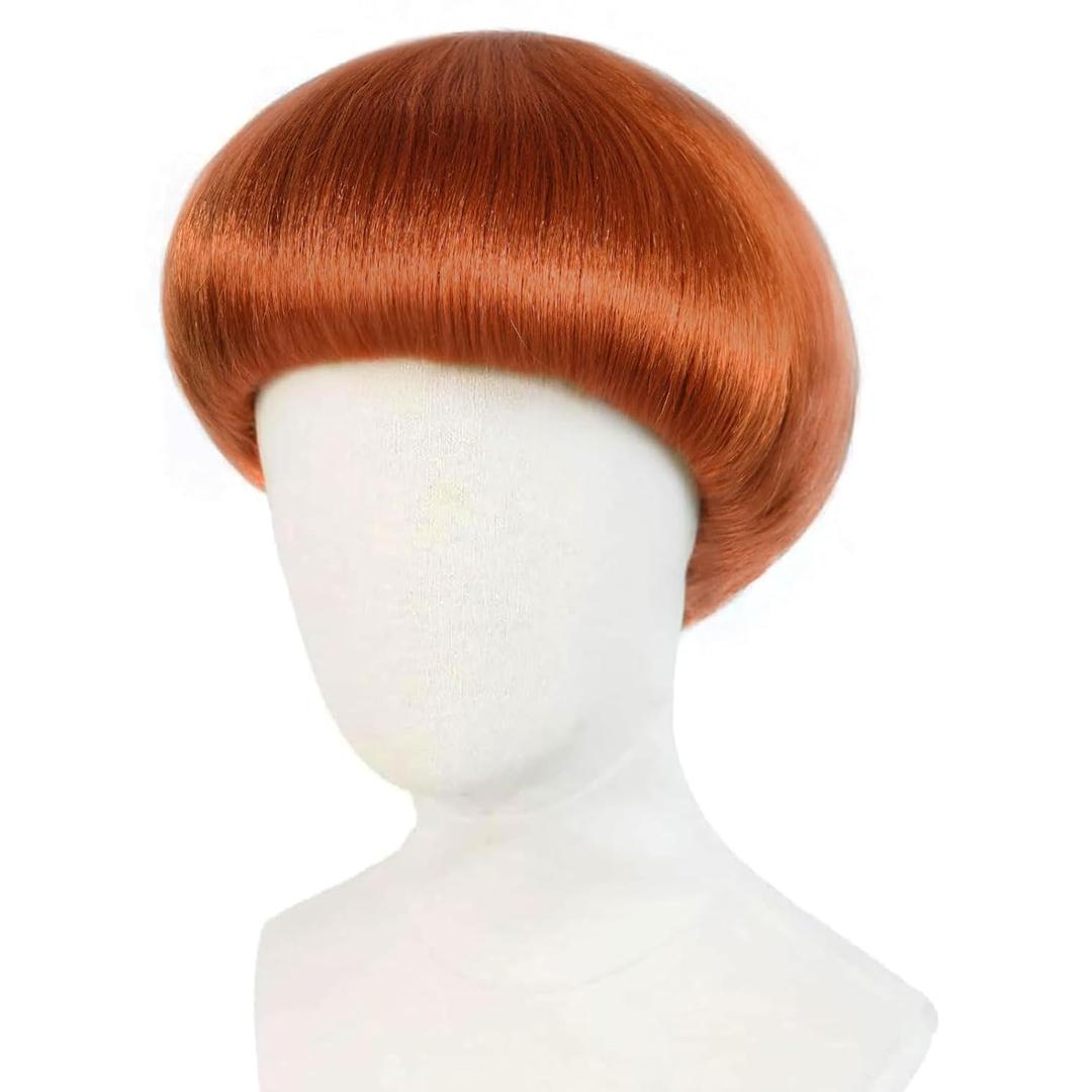 JoneTing Ginger Mushroom Wig Copper Bowl Cut Wigs Men 60s+Hair Cap for Halloween Orange Brown Party Wigs Short Red Browned Funny Wig for Man Bob Hair With Bangs for Christmas Cosplay Costume