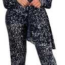 Women Sparkly Dressy Jumpsuit Deep V Neck Long Sleeve Clubwear Plus Size Wide Leg Long Pants Rompers (Large)