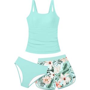 Girls Tankini Swimsuit 3 Piece Bathing Suits for Girl Square Collar Tankinis Set Girls' Swimwear with Print Shorts (Blue) 13-14Y