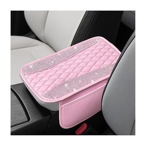 Fkewp Bling Car Center Console Cover, Sparkling Leather Armrest Cushion Pad with 2 Storage Pockets, Comfortable Shiny Middle Console Cover for Most Vehicles, Car Accessories (Pink)