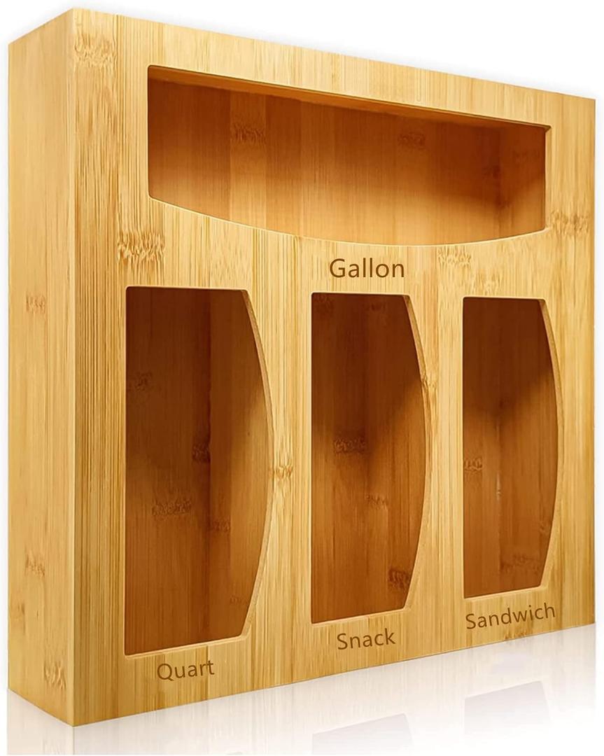 Bamboo Food Bag Storage Organizer for Kitchen Drawer, Baggie Holder for Solimo, Glad, Hefty Gallon, Quart, Sandwich and Snack Variety Size Bags (1 Box 4 Slots)